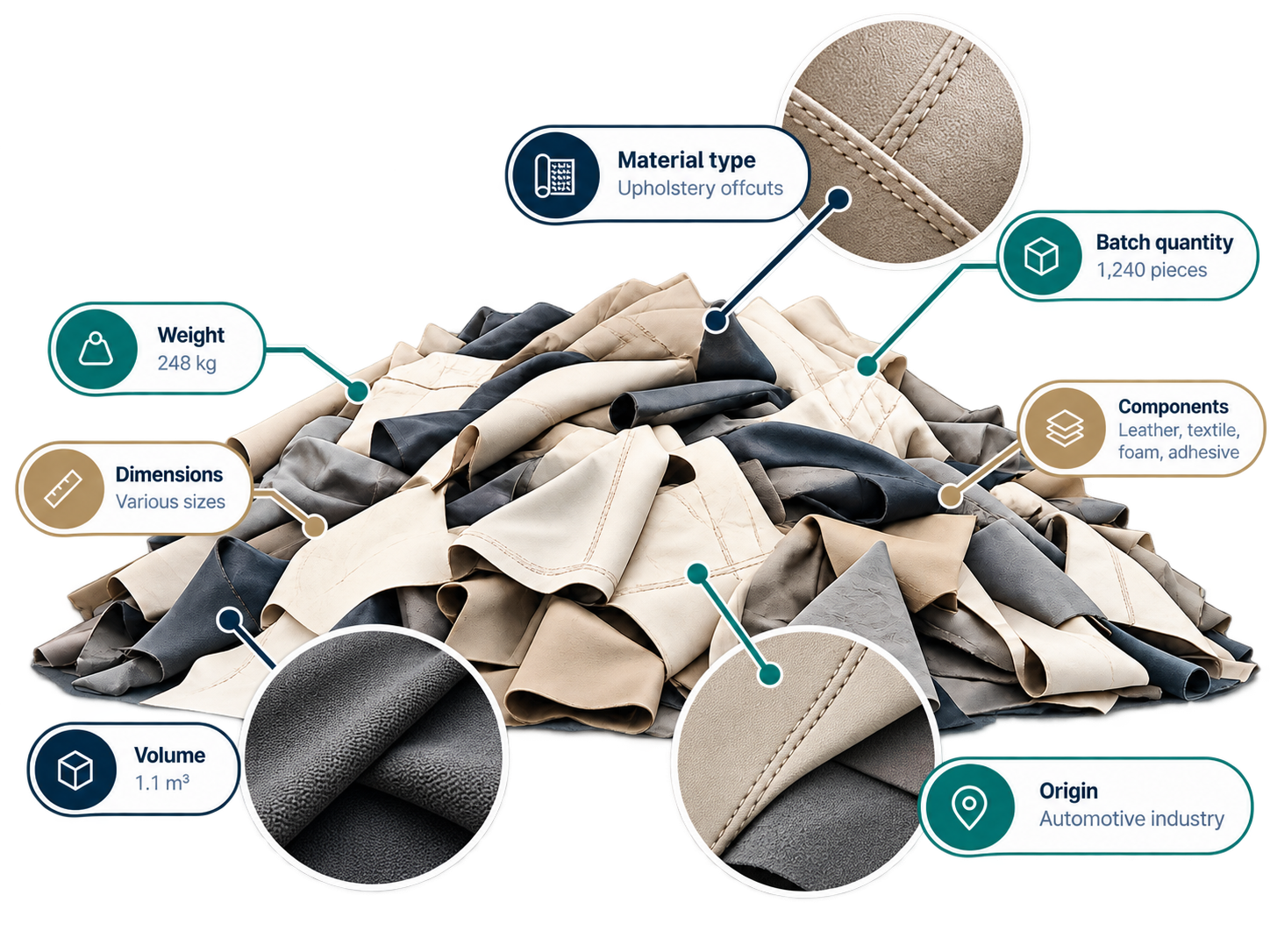 Material panel of the REZET Hub dashboard: what was captured and processed, with quantities and batches